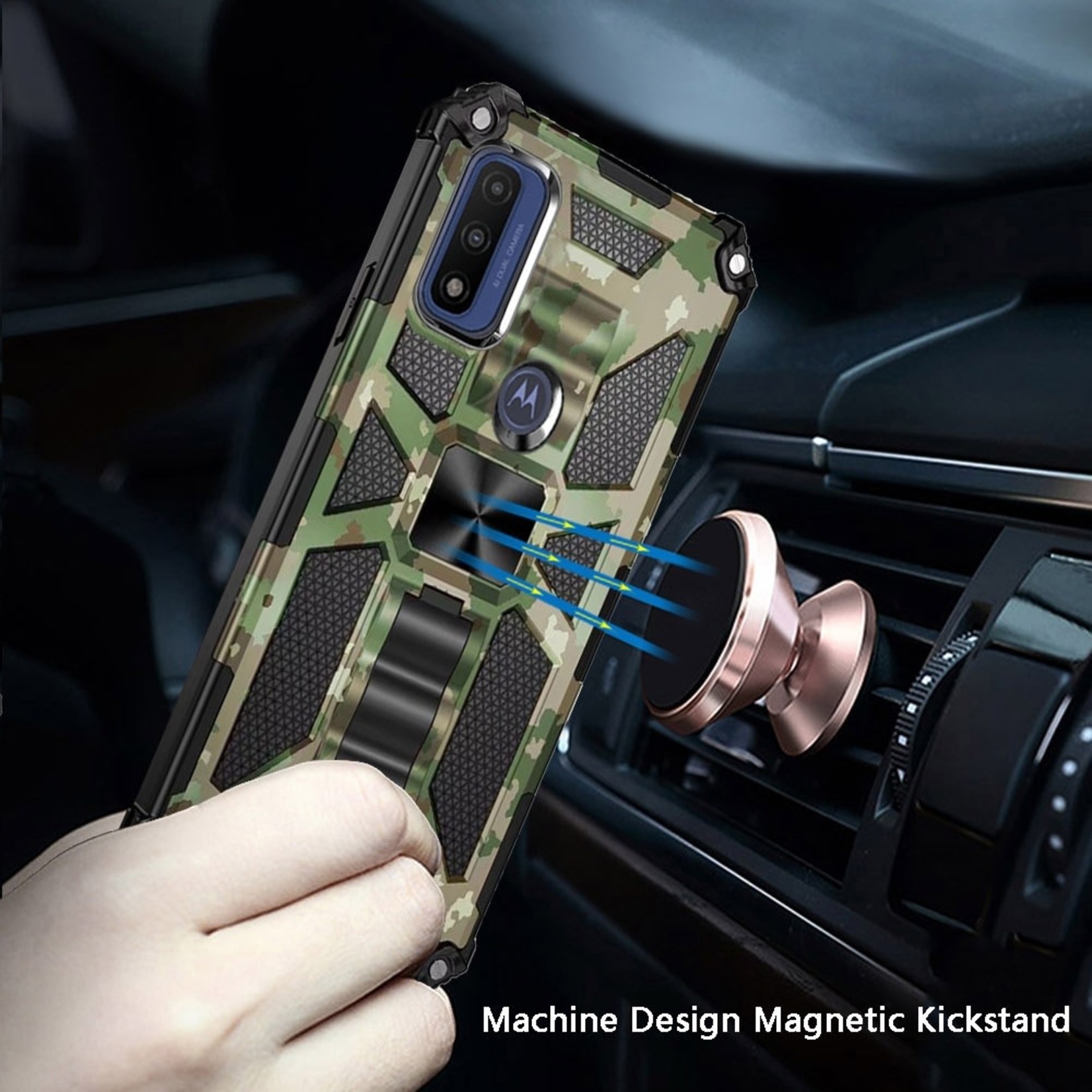 Motorola Machine Design Magnetic Kickstand Case Cover - Camo Green For Moto G Pure/G Power (2022)
