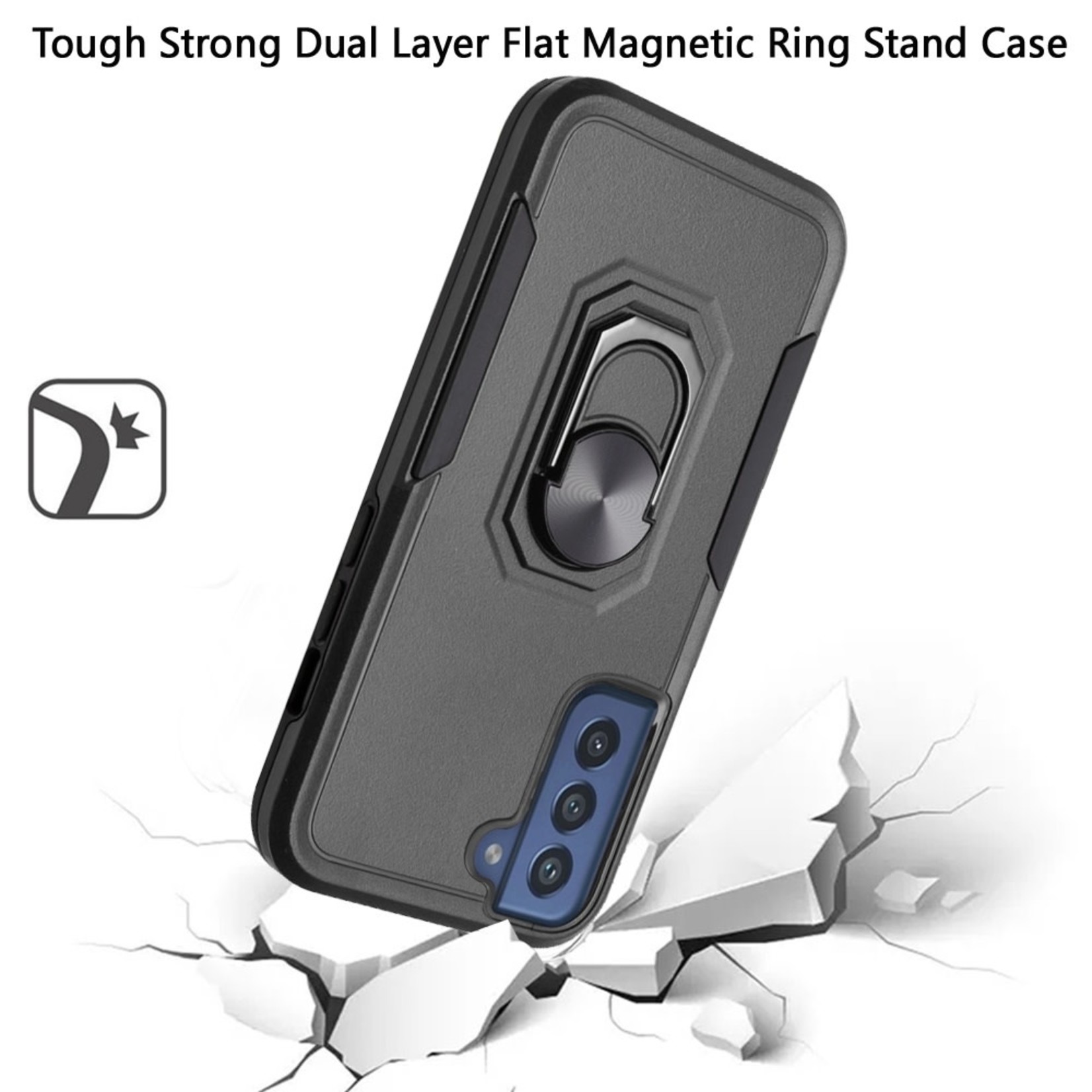 Samsung Tough Strong Dual Layer Flat Magnetic Ring Stand Case Cover - Black For Samsung Galaxy S22