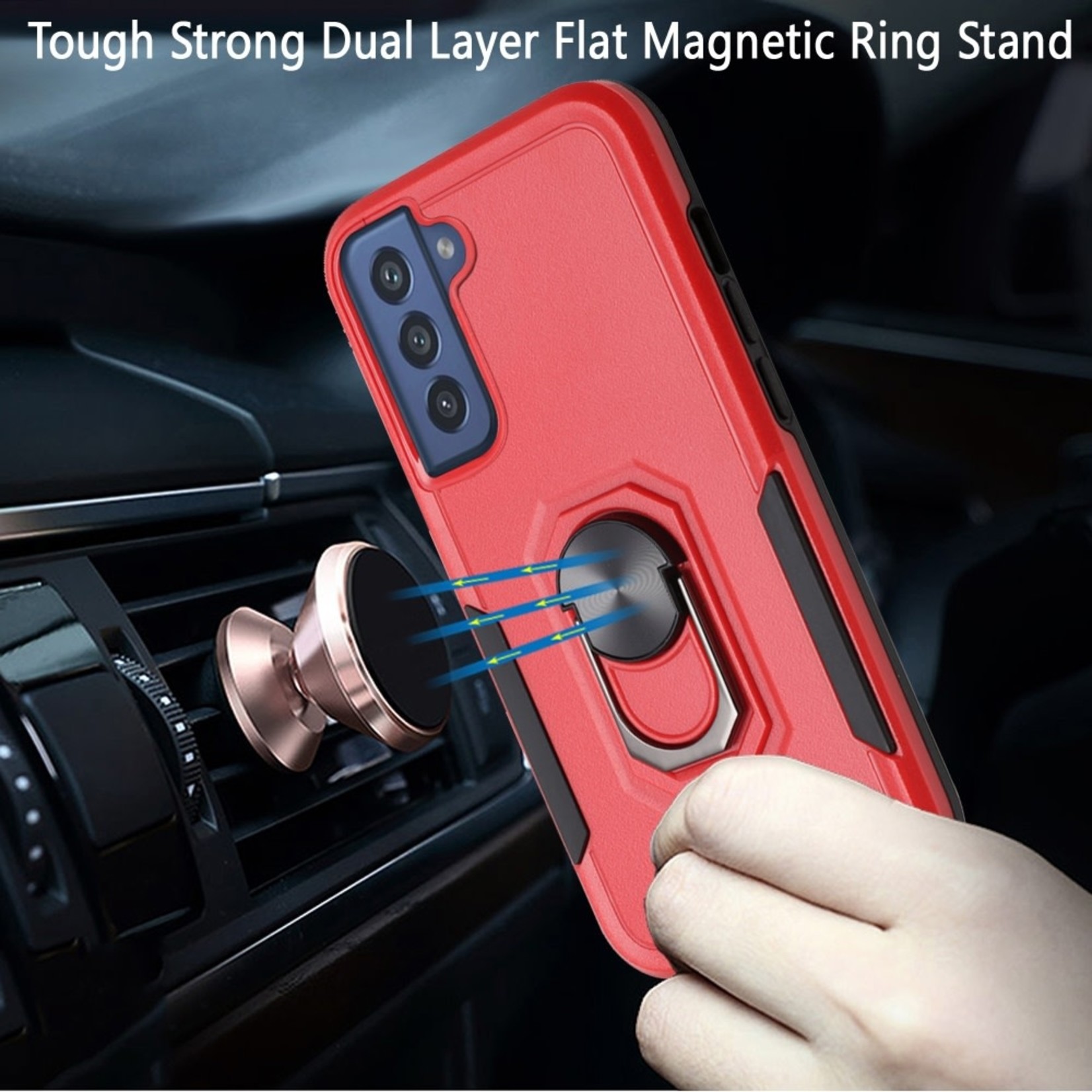 Samsung Tough Strong Dual Layer Flat Magnetic Ring Stand Case Cover - Red For Samsung Galaxy S22