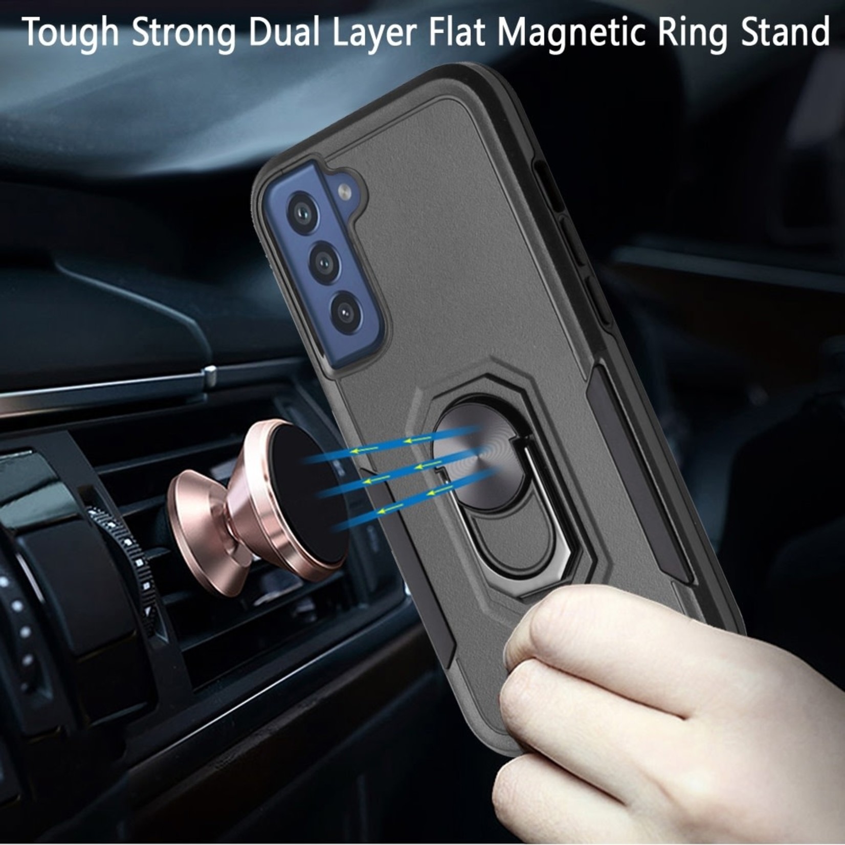 Samsung Tough Strong Dual Layer Flat Magnetic Ring Stand Case Cover - Black For Samsung Galaxy S22 Ultra
