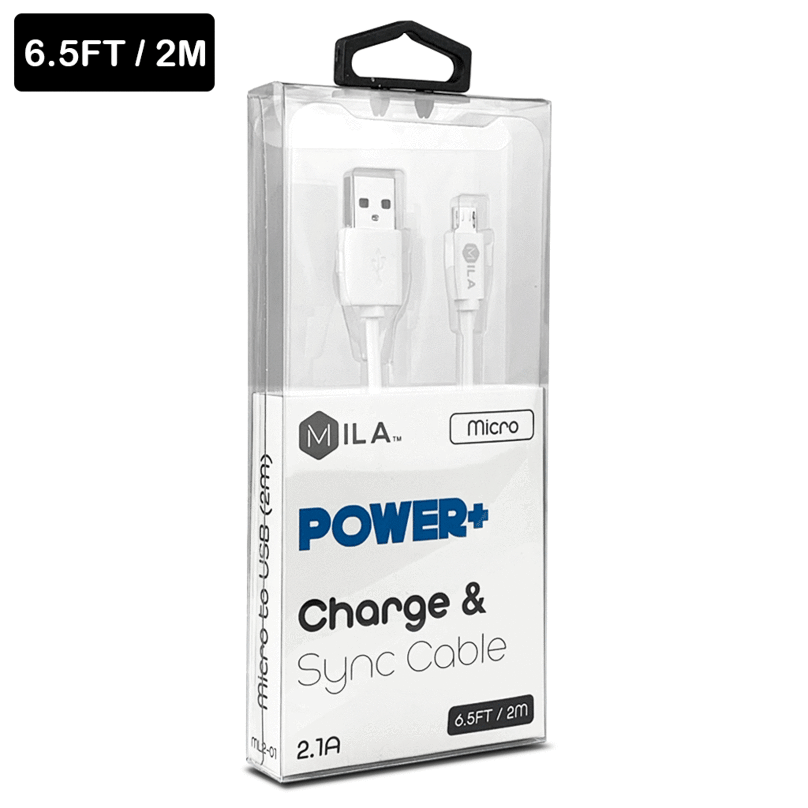 MILA | Micro V9 POWER+ Charge & Sync Cable White 6.5 FT / 2M Retail Packaging