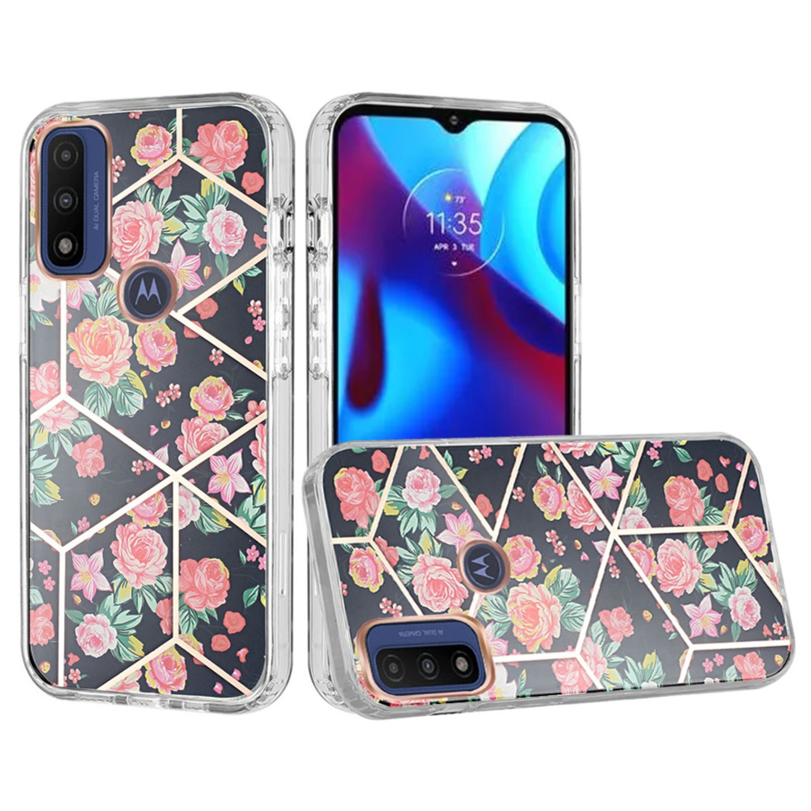 Motorola Floral IMD Chrome Design Shockproof Hybrid Case Cover for Motorola Moto G Pure / Power 2022 Retail Packaging Black /Pink