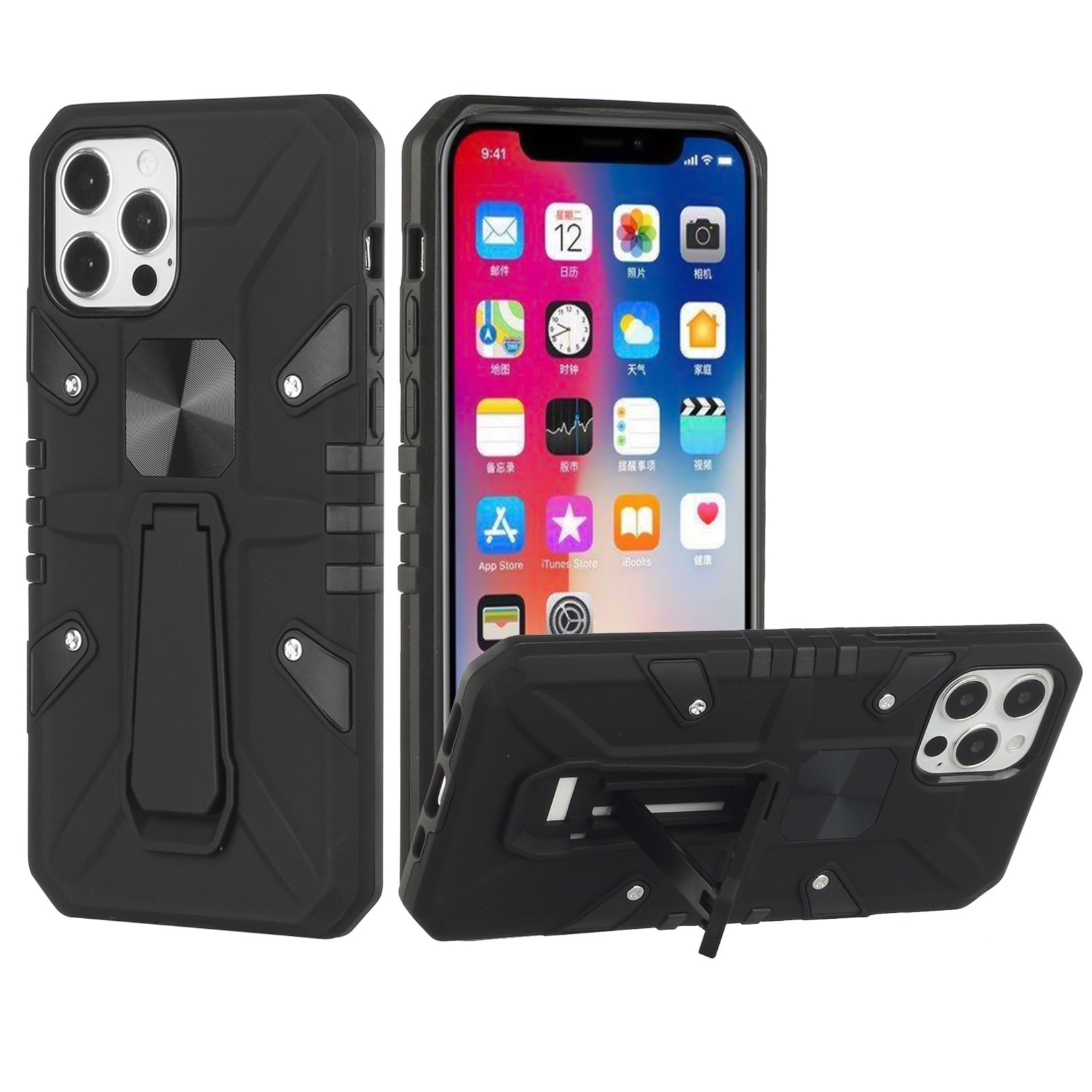 6.1 Force Magnetic Tough Kickstand Hybrid Case Cover - Black For iPhone 13