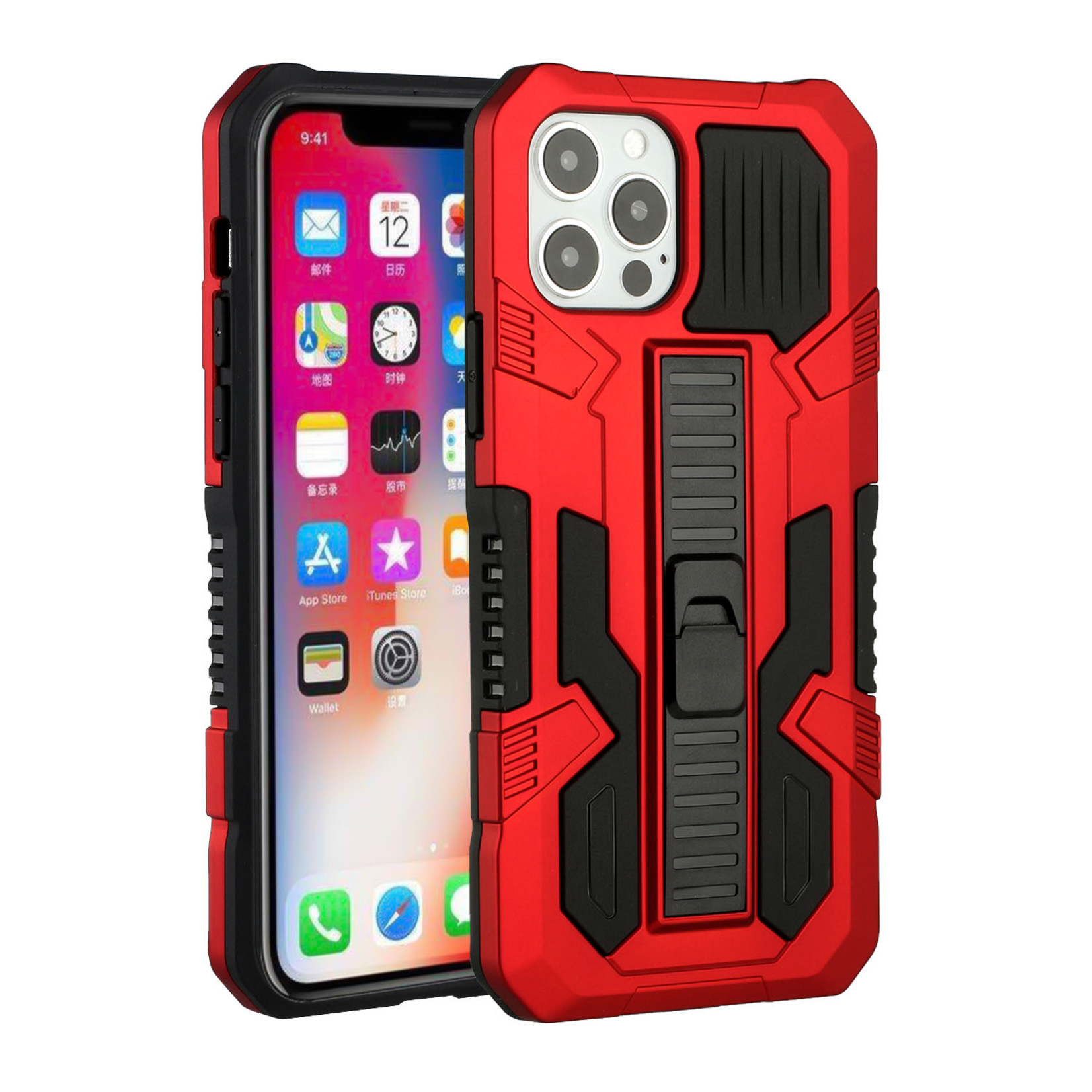 6.1 Rocker Kickstand Tough Shockproof Hybrid Case Cover - Red For iPhone 13