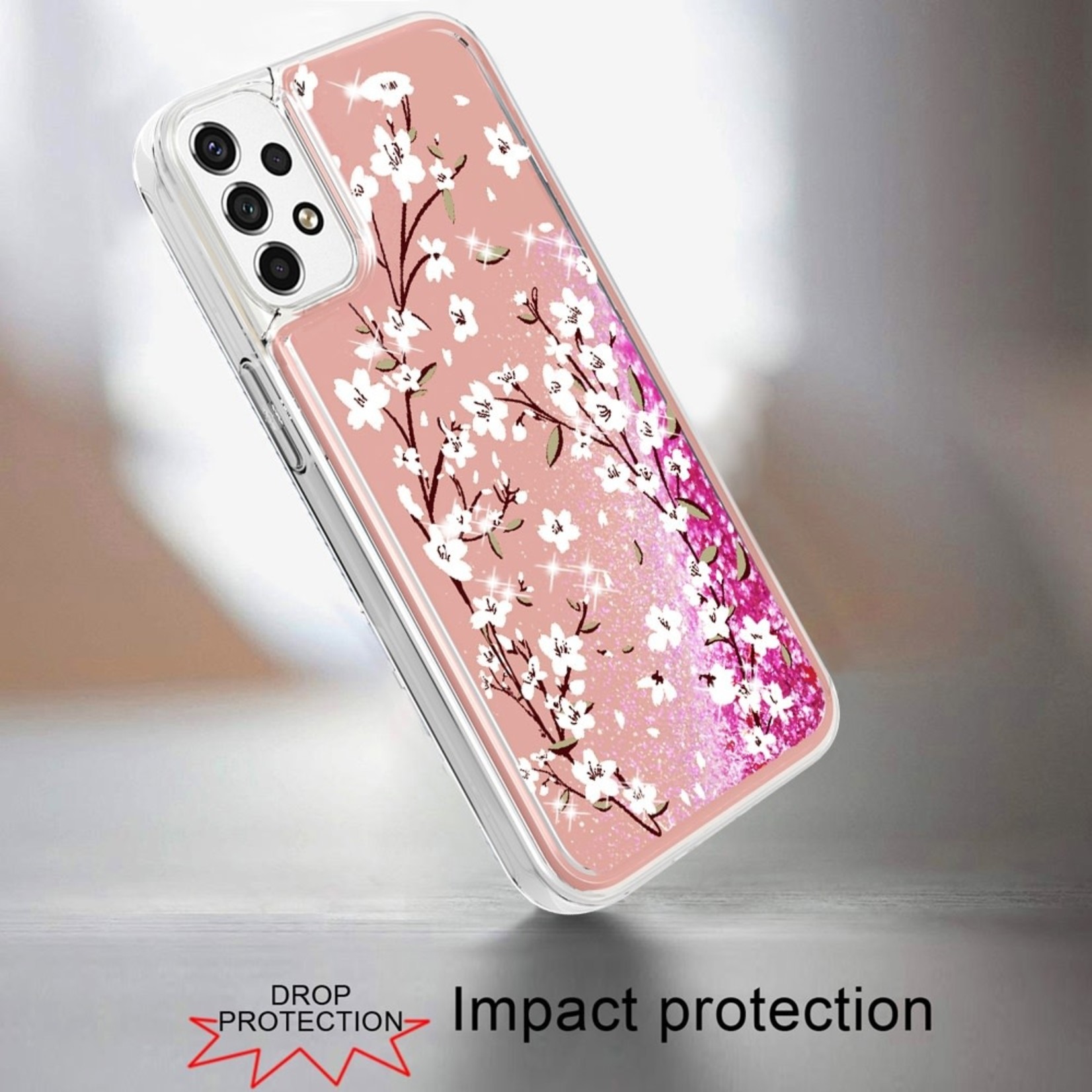 Samsung Design Water Quicksand Glitter Case Cover - Light Pink Floral For Samsung A53 5G