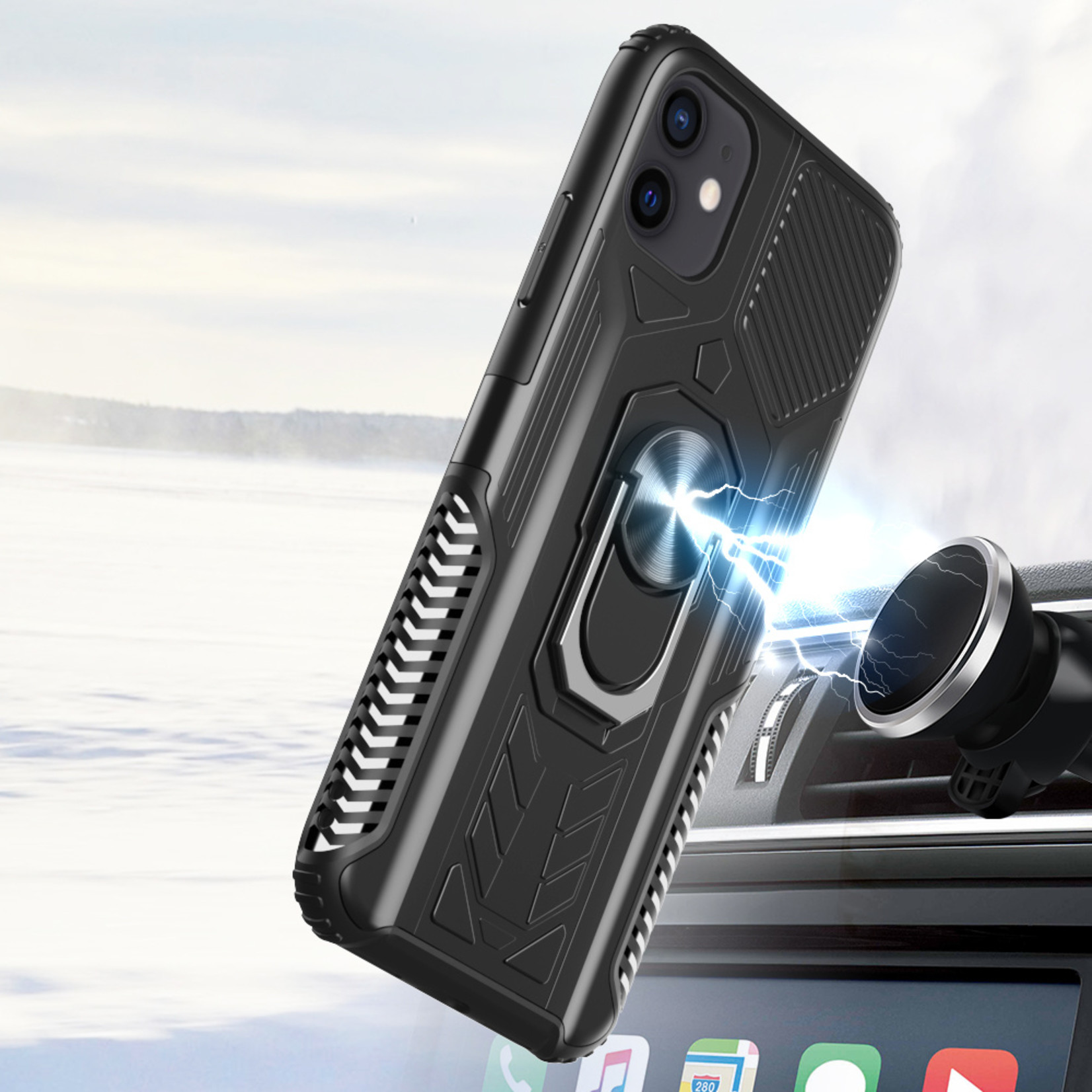 AQUA Strong Magnetic Ring Stand Hybrid Case Cover - Black For Apple iPhone 11 (XI6.1)