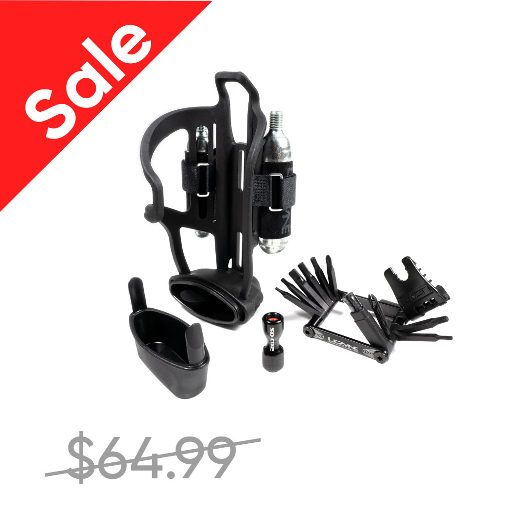 LEZYNE SALE Lezyne, Tubeless Flow Storage Loaded, Bottle Cage, Composite, Includes CO2 Head, V18 Multi-Tool with Tubeless Reamer & Tire Plug Kits, 2 CO2 Cartridges (Right)