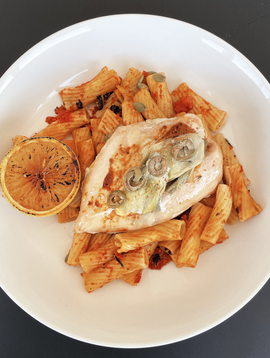 Chicken breast with pepper pesto, artichokes, olives & cream cheese