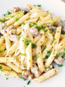 Penne with merguez, two mustards and white wine (325g)