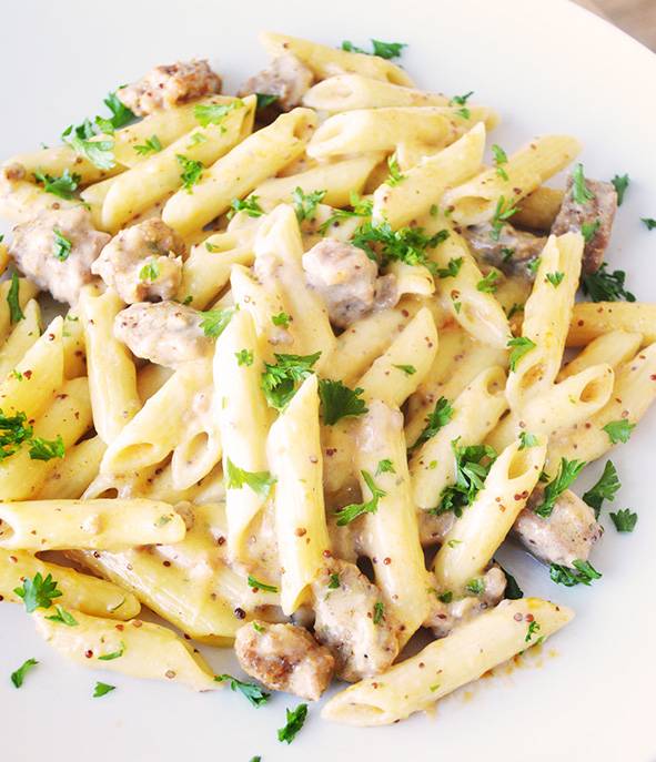 Penne with merguez, two mustards and white wine (325g) - Les trois Chefs