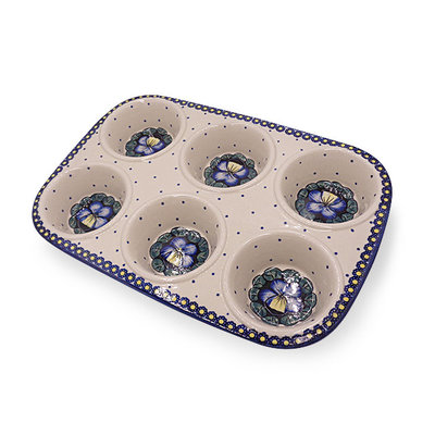 Polish Pottery Muffin Pan 11 inch Wild Blueberry Pattern by Ceramika Artystyczna