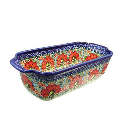 Polish Pottery Loaf Pan 8 8 Blue Wildflower Meadow Theme UNIKAT —  PolishPotteryOnline