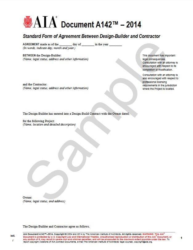 A142–2014, Standard Form of Agreement Between Design-Builder and Contractor