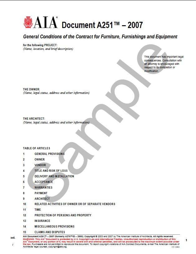 A251–2007 (formerly A275ID–2003), General Conditions of the Contract for Furniture, Furnishings and Equipment