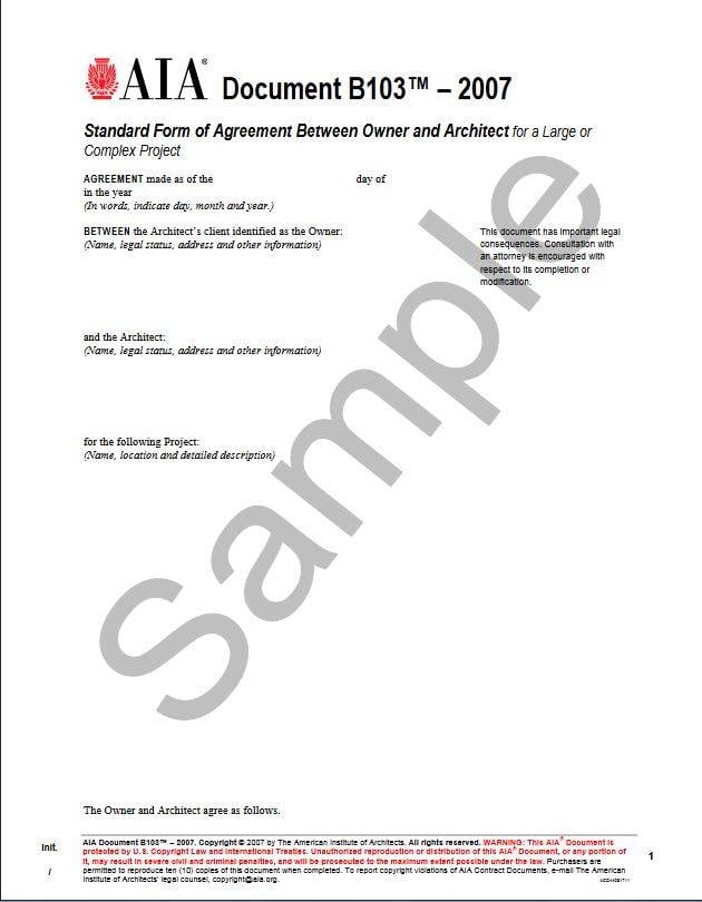 B103–2007, Standard Form of Agreement Between Owner and Architect for a Large or Complex Project