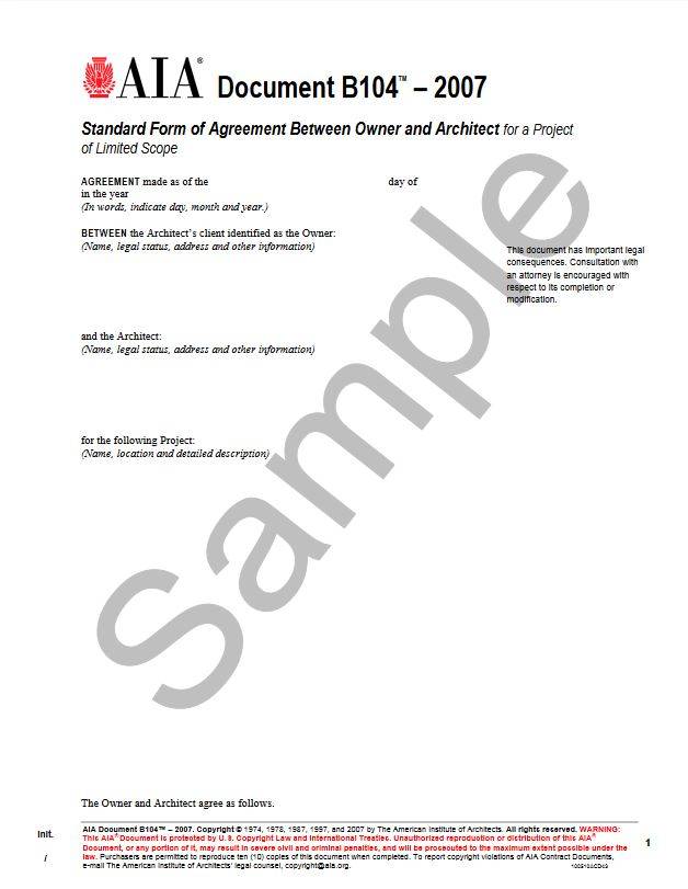 B104–2007, Standard Form of Agreement Between Owner and Architect for a Project of Limited Scope