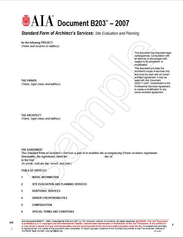 B203-2007 Standard Form Of Architects Services Site Evalution And Planning