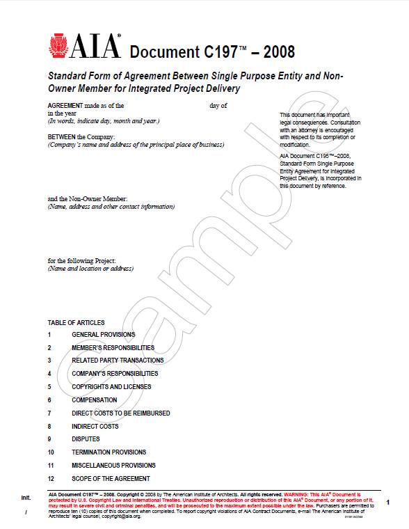 C197-2008 Standard Form of Agreement:Single Purpose Ent/Non-owner IPD