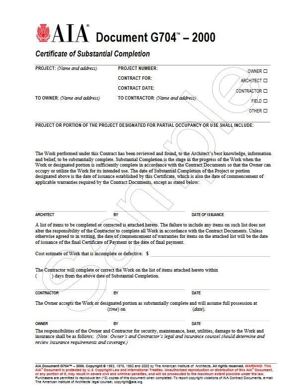 G704-2000, Certificate of Substantial Completion - AIA ...