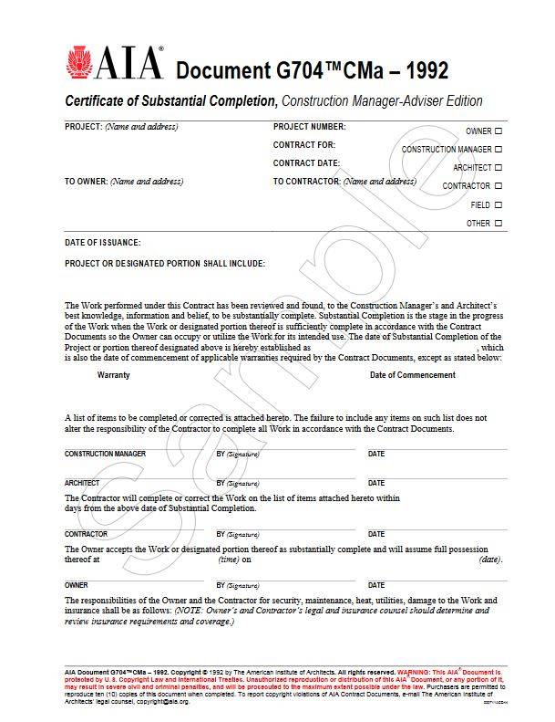 G704CMa–1992, Certificate of Substantial Completion, Construction Manager-Adviser Edition (Pack of 50)