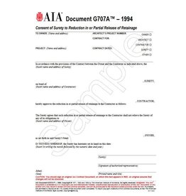 G707A–1994, Consent of Surety to Final Reduction in or Partial Release of Retainage