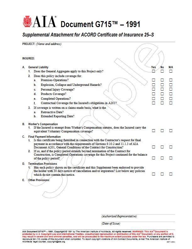 G715–1991, Supplemental Attachment for ACORD Certificate of Insurance 25-S