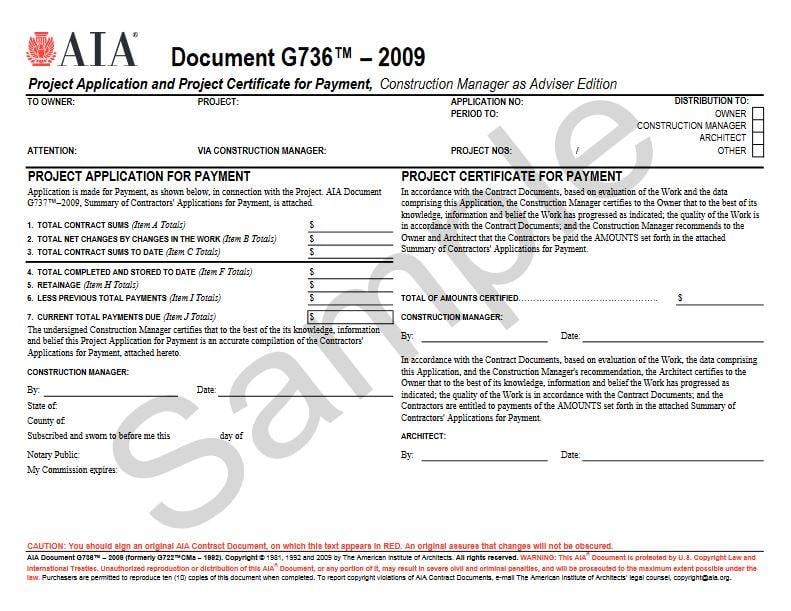 G736–2009 (formerly G722CMa–1992), Project Application and Project Certificate for Payment, Construction Manager as Adviser Edition (Pack of 50)