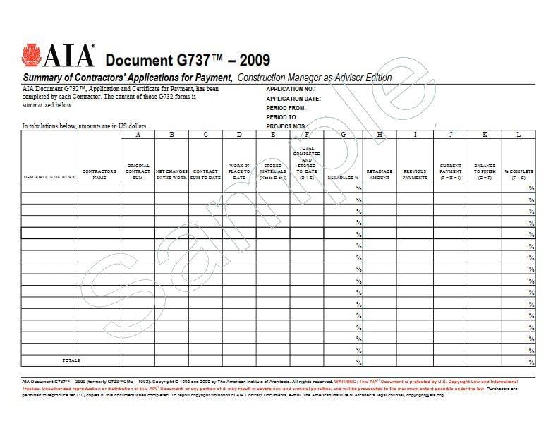 G737–2009 (formerly G723CMa–1992), Summary of Contractors’ Applications for Payment, Construction Manager as Adviser Edition (Pack of 50)
