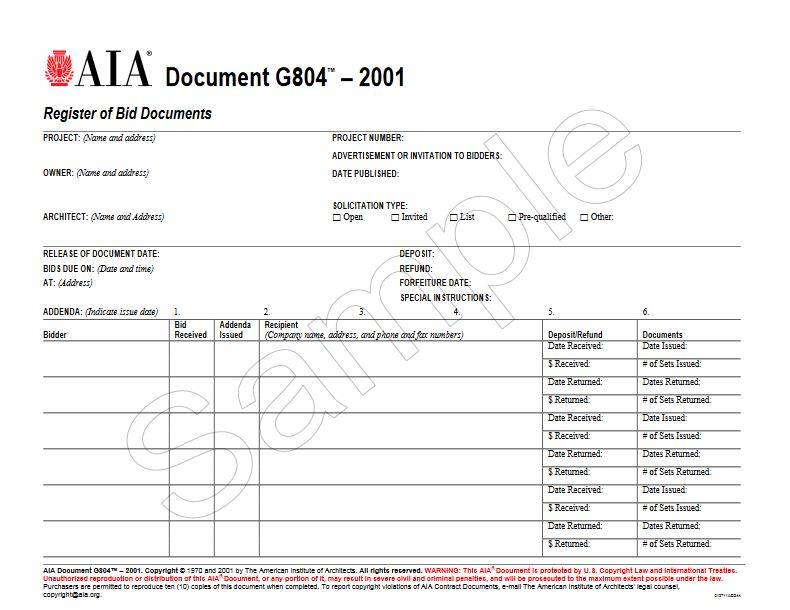 G804–2001, Register of Bid Documents (Pack of 50)