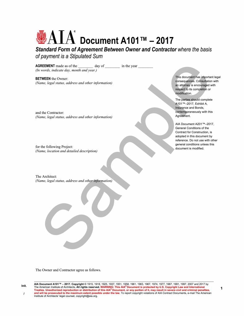 A101–2017, Standard Form of Agreement Between Owner and Contractor where the basis of payment is a Stipulated Sum