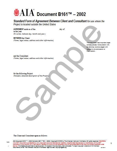 B161-2002 Standard Agreement Client and Consultant For Use Where The Project Is Out State