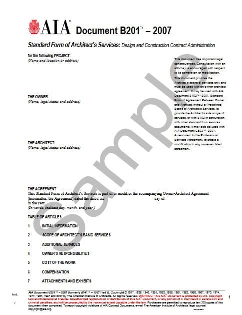 B201-2007 Standard Form Of Architects Services Design Construction Contract Admin