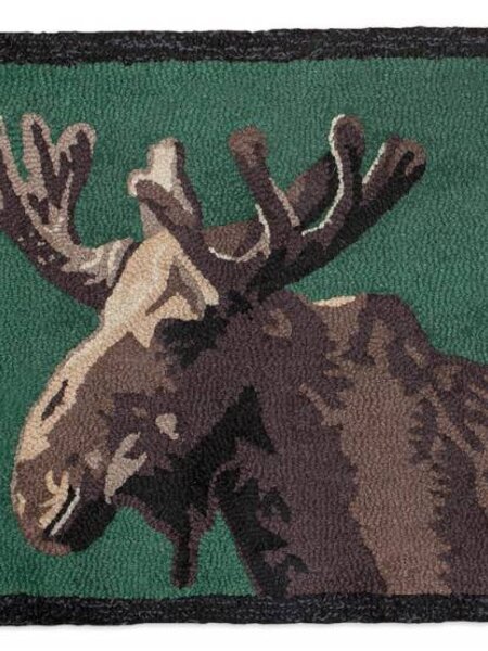Moose in Velvet on Green Hooked Rug