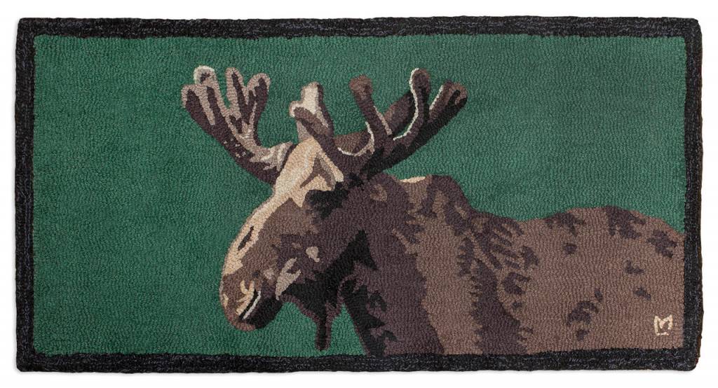 Moose in Velvet on Green Hooked Rug