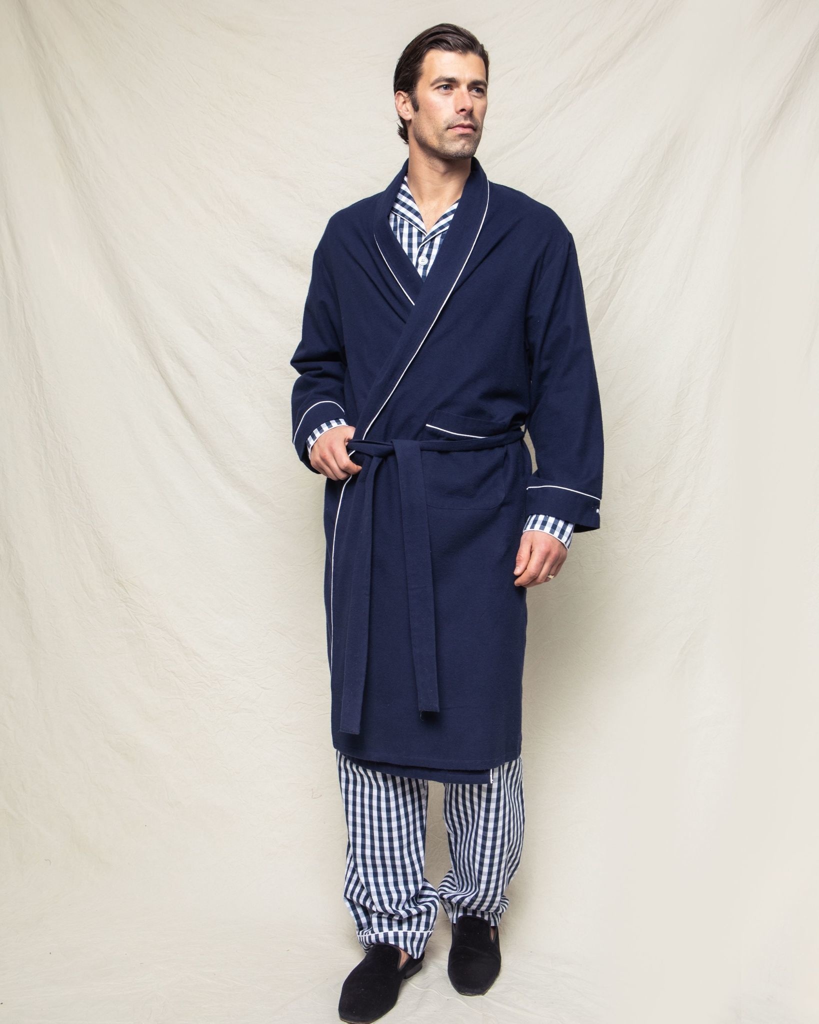 Petite Plume PP Mens Navy Flannel Robe - Linen Alley