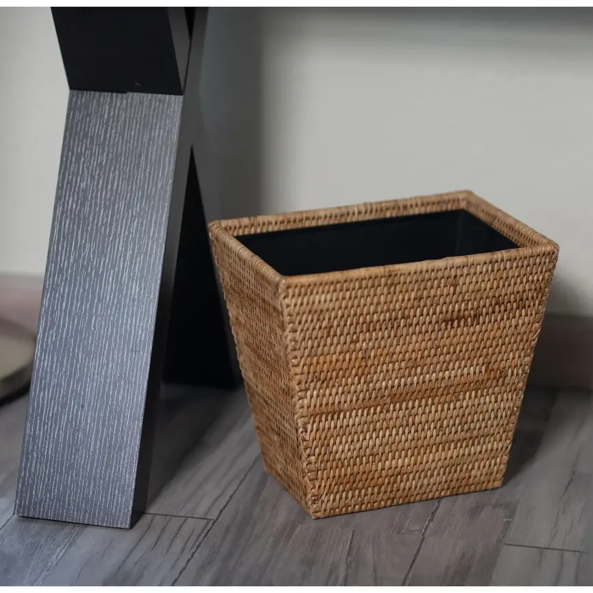 Rattan Rectangular Tapered Waste Basket w/metal liner