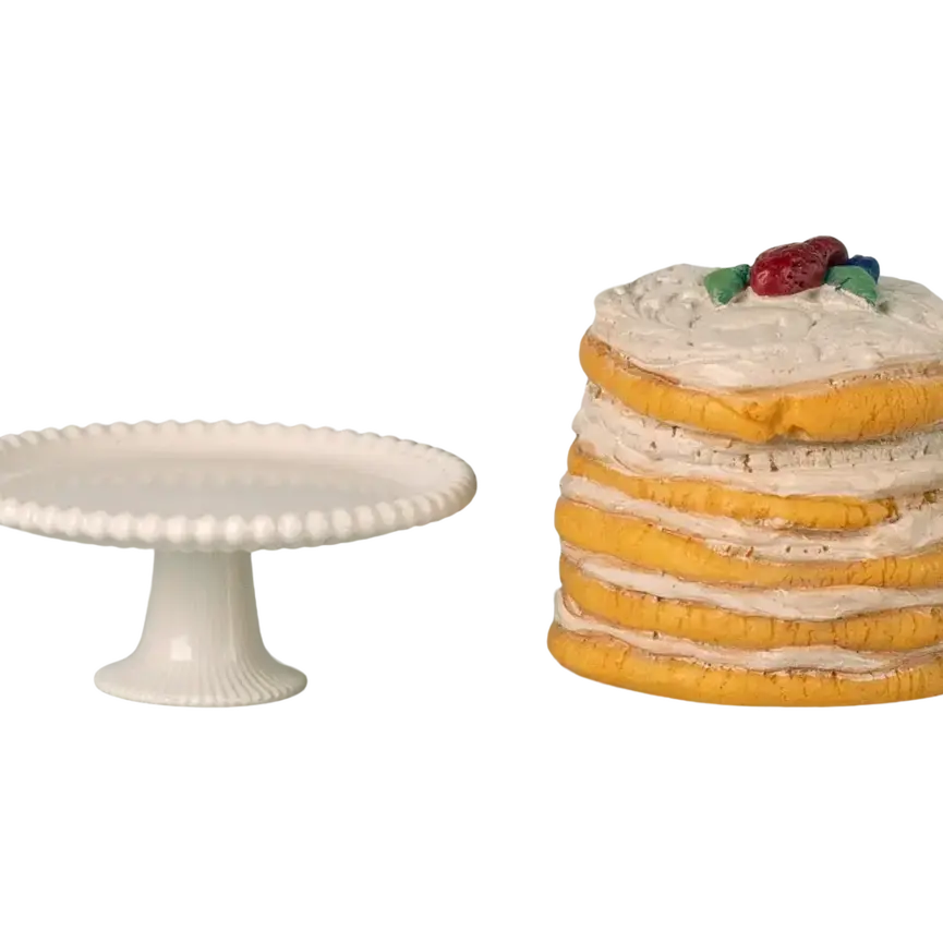 Maileg Party Cake and Cake Stand, Mouse- Off White