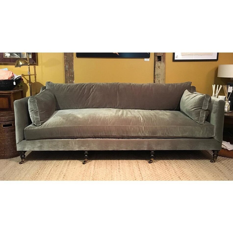 Monique 90 Sofa In Sage W Down Blend Cushions Chocolate Finish Br Castors