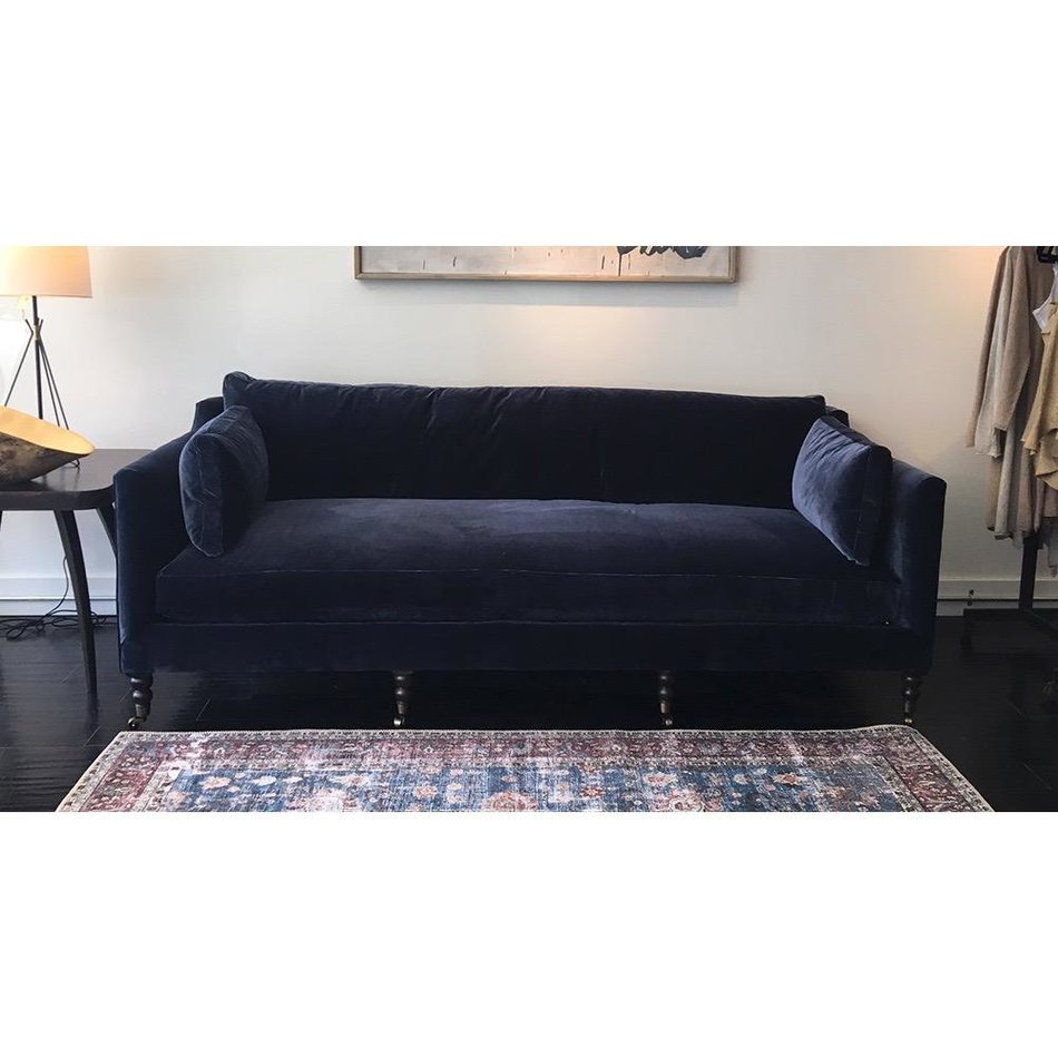 Monique 90 Sofa In Navy W Down Blend Cushions Chocolate Finish