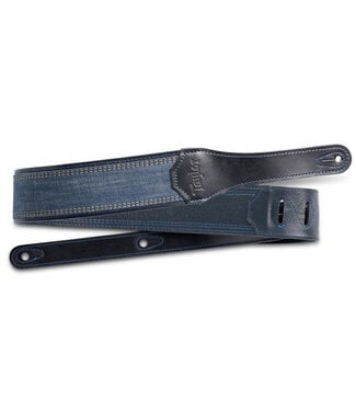 Taylor Taylor 2.5" Blue Denim Strap, Navy Leather Edges, Embossed Logo