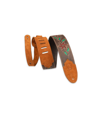 Levy's Levy’s 2.5" Flowering Vine Series Brown Leather Guitar Strap, Red Flowers and Green Leaves