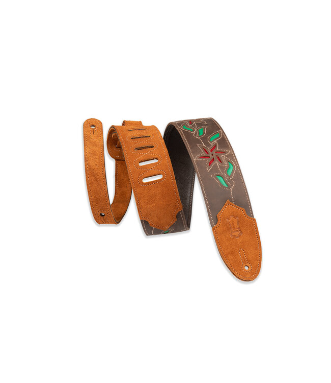 Levy’s 2.5" Flowering Vine Series Brown Leather Guitar Strap, Red Flowers and Green Leaves