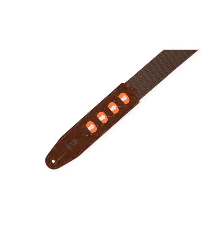 Levy's 2" Brown Cotton Pick Holder Strap with Extended Brown Suede Ends, Holds 4 Picks