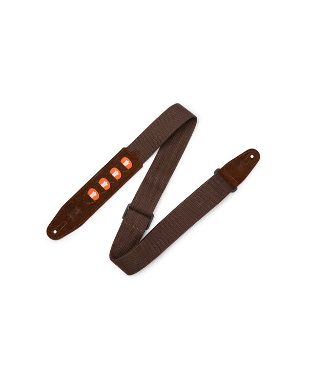 Levy's 2" Brown Cotton Pick Holder Strap with Extended Brown Suede Ends, Holds 4 Picks