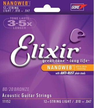 Elixir Elixir Nanoweb Acoustic 80/20 Bronze 12-String Set, Light 10-47