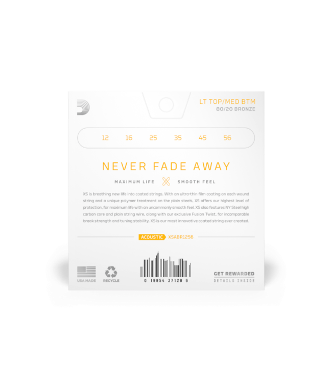 D'Addario XS 80/20 Bronze Coated Acoustic Guitar Strings, 12-56 Light Top/Medium Bottom,