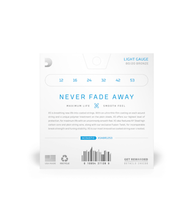 D'Addario XS 80/20 Bronze Coated Acoustic Guitar Strings, 12-53 Light