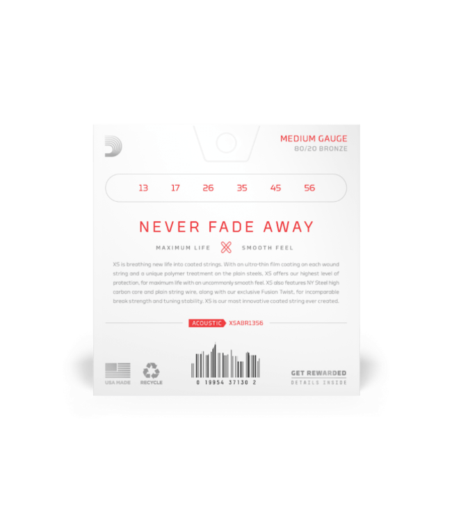 D'Addario XS 80/20 Bronze Coated Acoustic Guitar Strings, 13-56 Medium