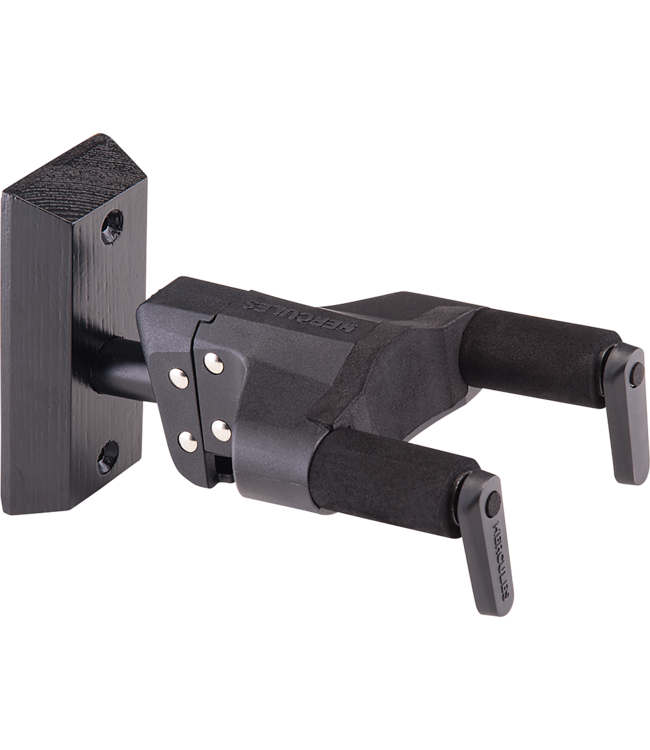 Hercules Hercules Universal AutoGrip Wall Mount Guitar Hanger, Black Wood Base, Short Arm