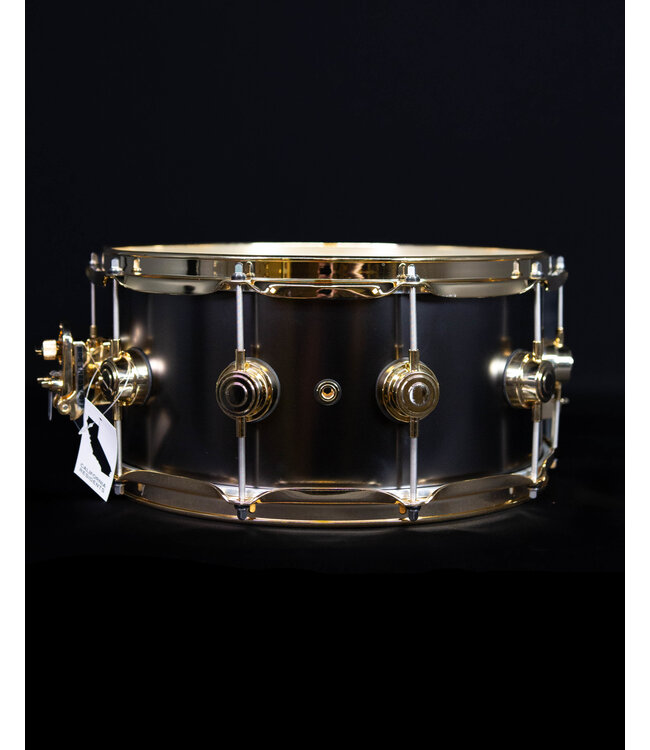 DW 14" x 6.5" Satin Black over Brass Snare, Gold Hardware